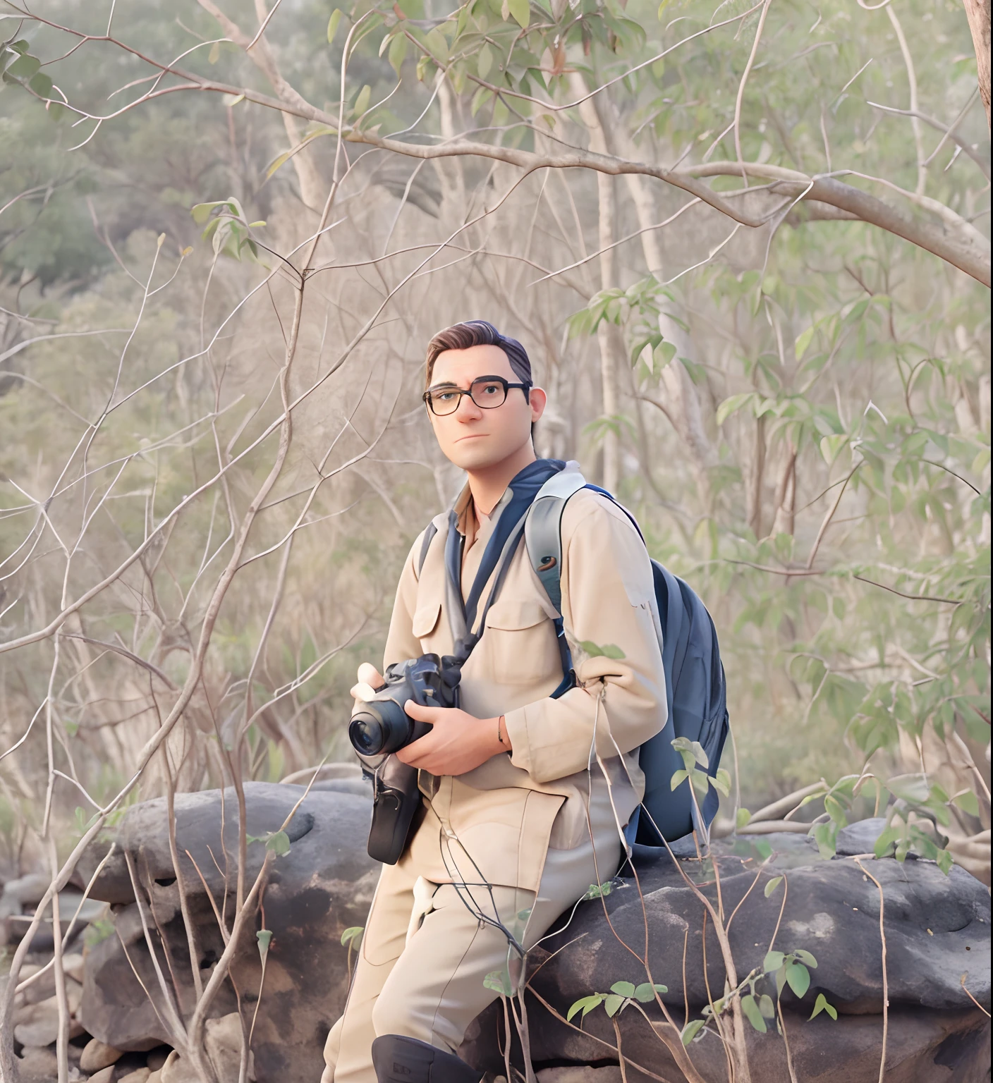 Biologist sitting on a rock and vegetation behind dry trees, estilo savana, Of gandola and a camera in his hand