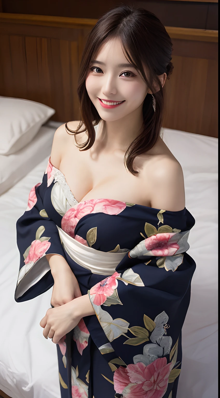 top-quality、Top image quality、​masterpiece、fully body photo、25 years old women, governess、Dark brown wavy middle hair、bangss、((Blue kimono、floral embroidery))、 ((no-bra、Puffy nipple、White lace panties))、soft boob、breasts of medium size,、Kamimei、 Shy laughter、luxury hotel room、((sleeps in a bed、Grasp your breasts with both hands over your clothes、Touching the crotch))