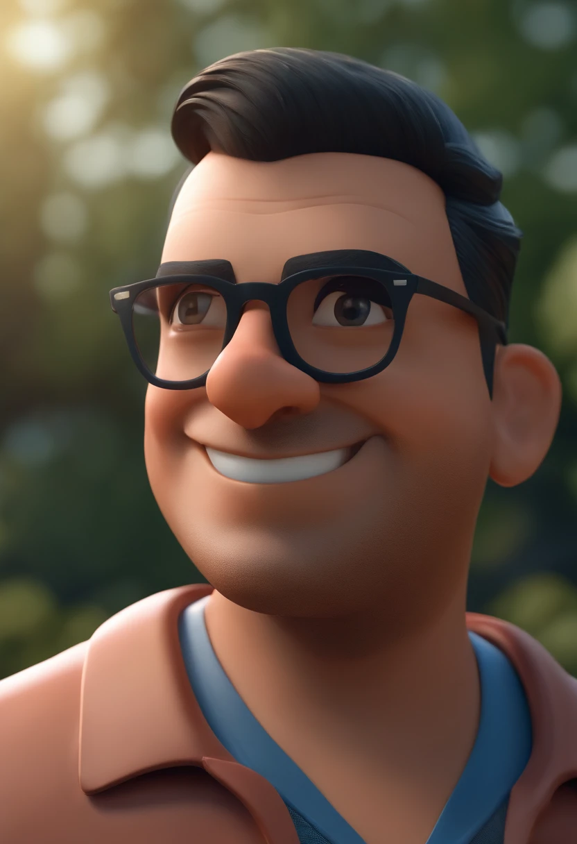 Cartoon character of a man wearing black glasses and a blue shirt, um personagem animado, Caractere estilizado, animation style rendering, 3D estilizado, Arnold Maya render, 3 d render stylized, toon render keyshot, Personagem 3D, Personagem 3D, 3d rendering stylized, 3 d character render, personagem de desenho animado, Personagem de close up, Pose de personagem, (Estilo Pixar) (master part:1.2) (Bokeh) (best quality) (pele detalhada) (textura detalhada) (8k) (argila) (Cinematic lighting) (foco nítido，Senta e vaza a parte superior do corpo