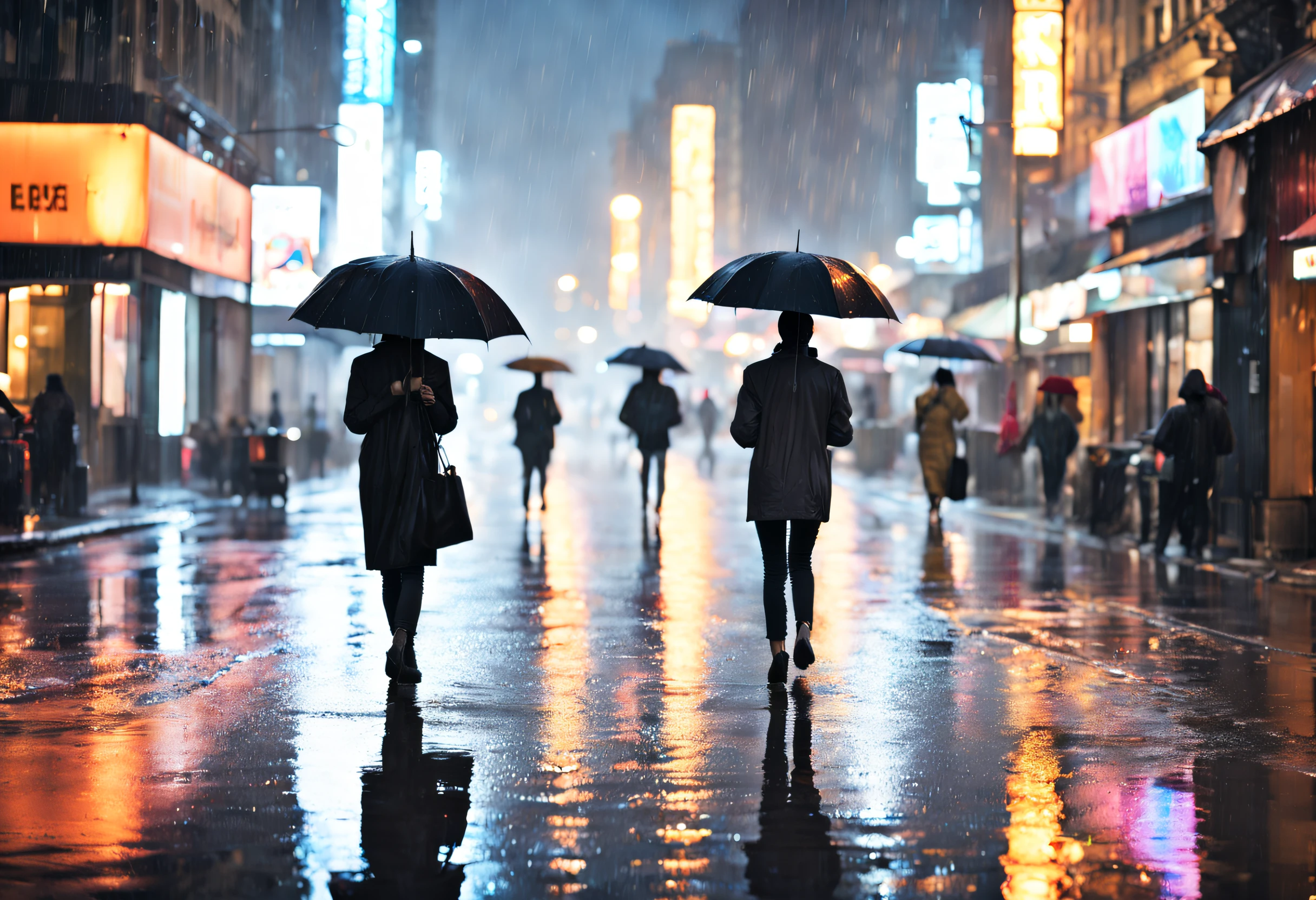 (best quality,highres:1.2),rainy night,dark atmosphere,wet streets,glistening reflections,neon lights,cityscape,umbrellas,shimmering raindrops,romantic,misty fog,mood lighting,lonely figures,warm glow,glistening pavement,luminous colors,sounds of rain and thunder,drenched buildings,reflections in puddles,wet sidewalks,moisture in the air,glowing windows,soaked clothing,umbrellas in motion,urban landscape,drenched city,peaceful ambiance,hidden secrets,soft focus,serene atmosphere,calmness in chaos,water droplets on windows.