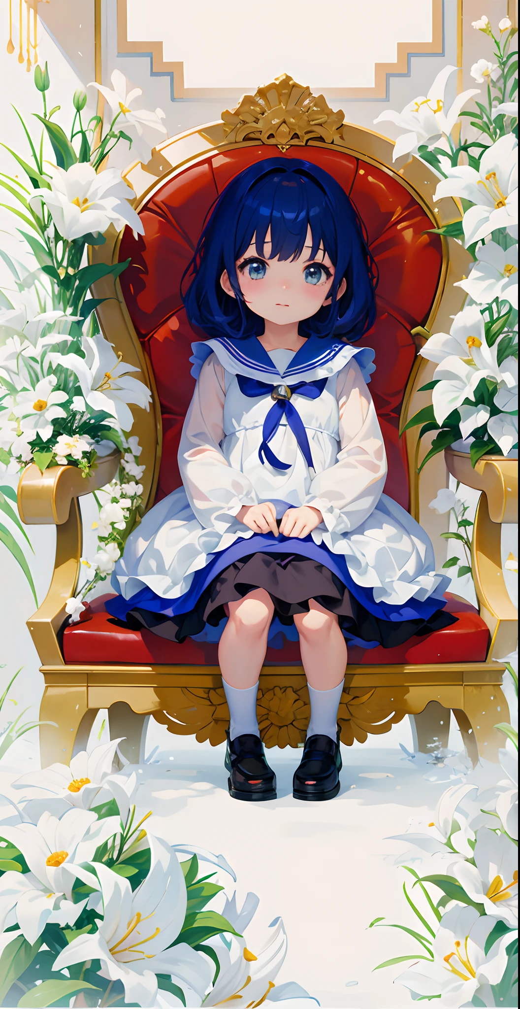 Menina anime sentada em uma cadeira vermelha com flores no fundo, anime moe artstyle, visual anime de uma menina bonito, Guweiz em Pixiv ArtStation, menina pequena loli, Loli no vestido, small curvy loli, Guweiz em ArtStation Pixiv, Arte Zerochan, menina anime bonito, Estilo de arte anime bonito, anime illustration