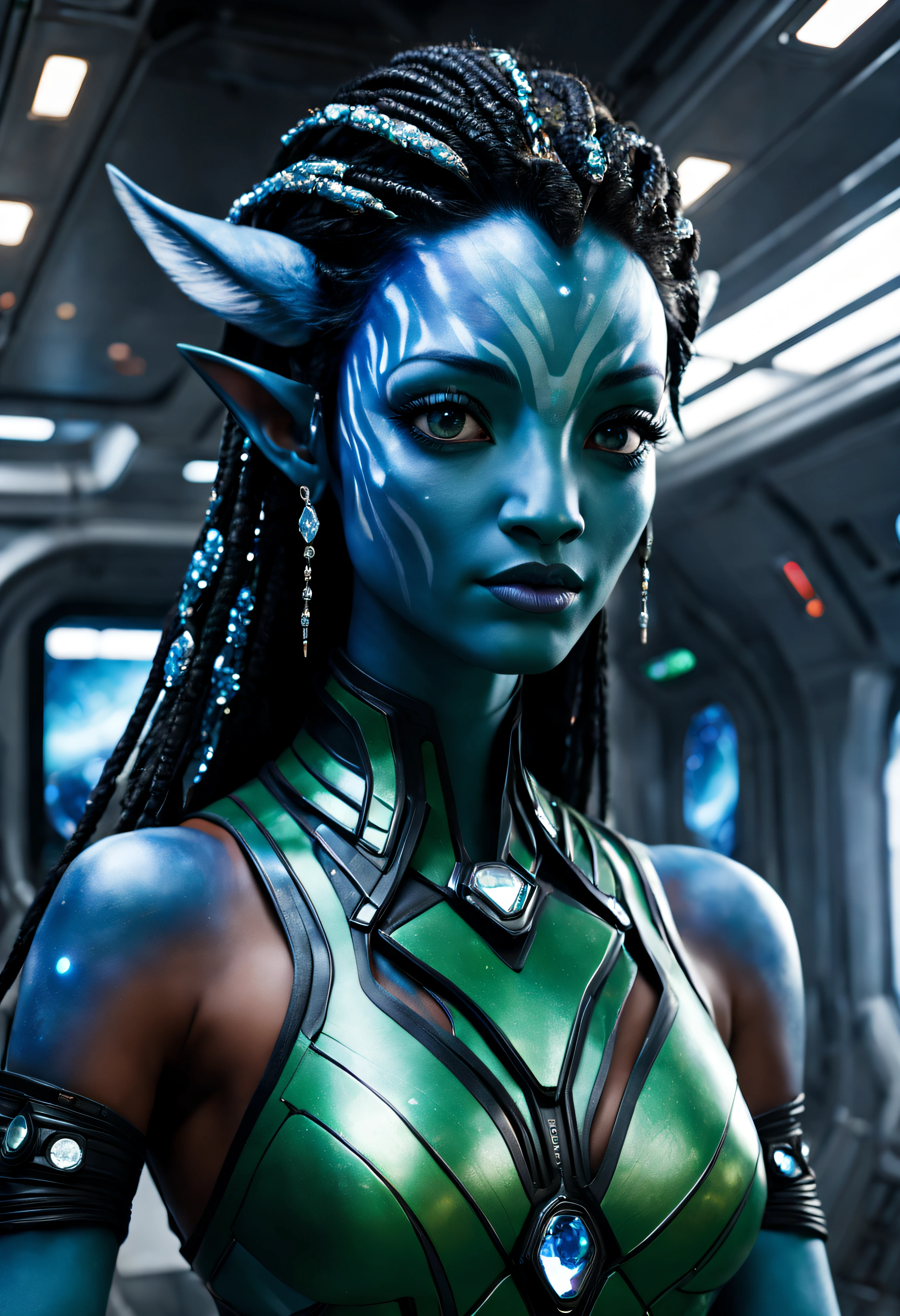 (naytiri de avatar), piel azulada vibrante, pelo negro largo enrizado, considerada como una de las razas mas bellas de la galaxia, con una cara, ojos verdes y labios sensuales, con vestido de noche , con incrustaciones de plata, piedras preciosas y diamantes, (se encuentra en centro de control de estacion espacial). hiperrealista, imagen nitida, 8k. imagen cinematografica.