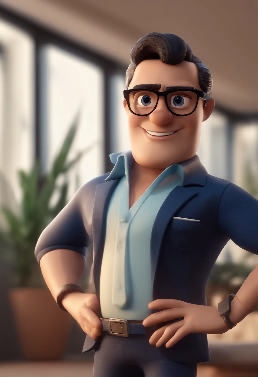 Cartoon character of a man with black glasses and a blue shirt, animation character, Caractere estilizado, animation style rendering, 3D estilizado, Arnold Maya render, 3 d render stylized, toon render keyshot, Personagem 3D, Personagem 3D, 3d rendering stylized, 3 d character render, personagem de desenho animado, Personagem de close up, Pose de personagem, (Estilo Pixar) (master part:1.2) (Bokeh) (best quality) (pele detalhada) (textura detalhada) (8k) (argila) (Cinematic lighting) (foco nítido