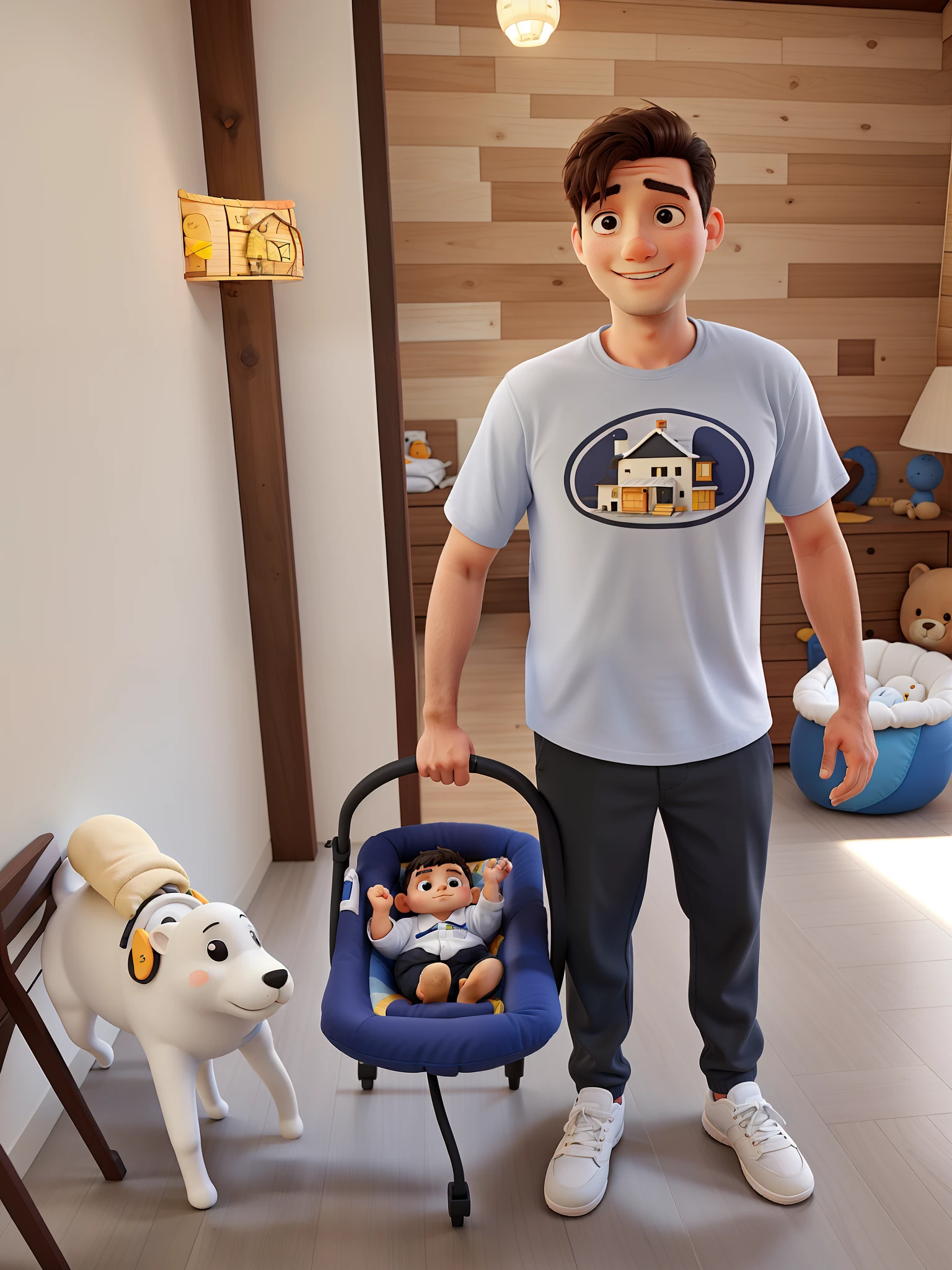 a father holding his son in the baby comforter on the deck of his home