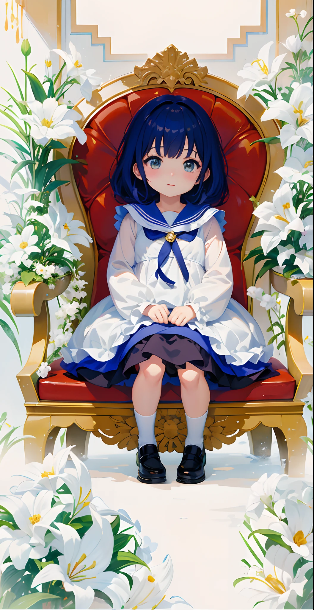 Menina anime sentada em uma cadeira vermelha com flores no fundo, anime moe artstyle, visual anime de uma menina bonito, Guweiz em Pixiv ArtStation, menina pequena loli, Loli no vestido, small curvy loli, Guweiz em ArtStation Pixiv, Arte Zerochan, menina anime bonito, Estilo de arte anime bonito, anime illustration