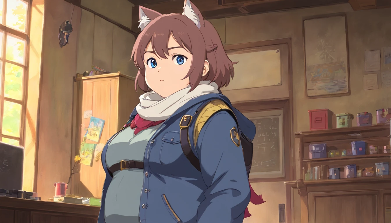 chubby, male, thick waist, large chest, brown hair, short messy hair, gray cat ears on head, blue eyes, gray jeans, long purple vest , black combat boots, fat, larger body, chubby face, face with blush, cleavage visable, boob window ((huge tits)) ((naked)) femboy, hood, black gloves, knee high boots military scarf, bulletproof vest,