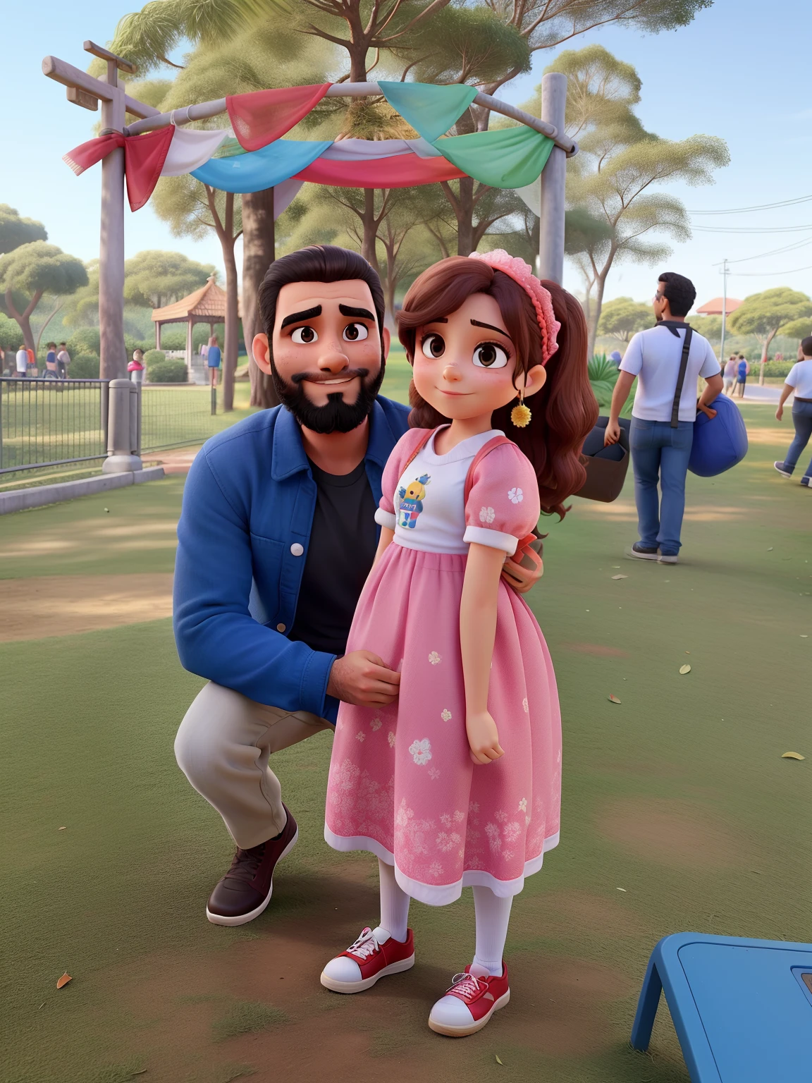 Um pai sem cabelo de barba grisalha e uma filha em um parque