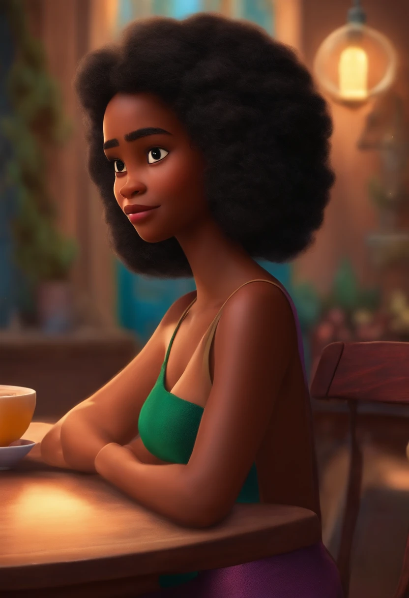 Um filme inspirado na Disney Pixar (MENINA NEGRA JOVEM COM CABELO LONGO CACHEADO PRETO) dentro A cena estar na arte distinta do estilo PIXAR, descolada e estilosa