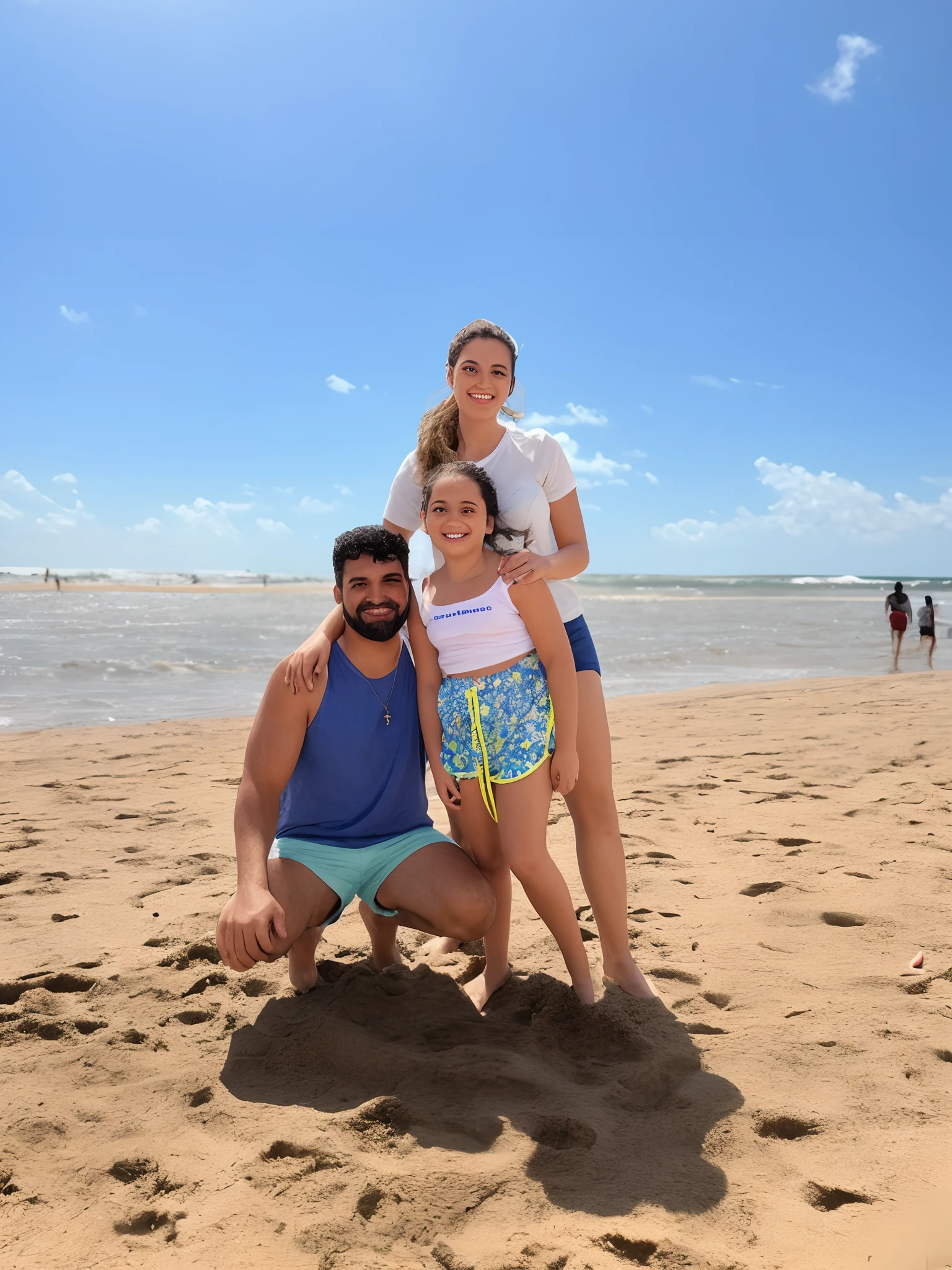 Three people standing in the ocean with a woman in a bathing suit, na praia, foto de praia, on the ocean water, standing at the beach, no mar, vacation photo, na praia, no oceano, standing near the beach, pessoas na praia, no mar, em uma praia, O oceano ao fundo