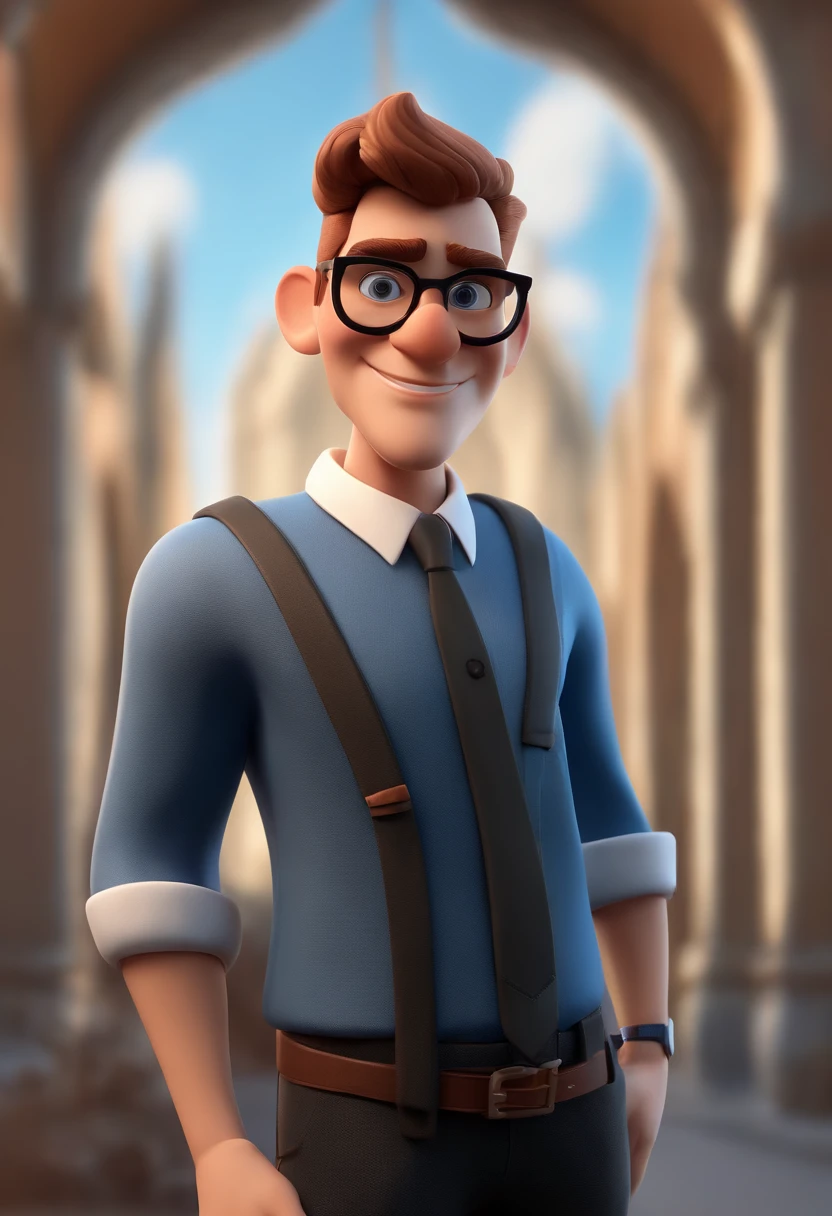 Cartoon character of a man wearing black glasses and a blue shirt, um personagem animado, Caractere estilizado, animation style rendering, 3D estilizado, Arnold Maya render, 3 d render stylized, toon render keyshot, Personagem 3D, Personagem 3D, 3d rendering stylized, 3 d character render, personagem de desenho animado, Personagem de close up, Pose de personagem, (Estilo Pixar) (master part:1.2) (Bokeh) (best quality) (pele detalhada) (textura detalhada) (8k) (argila) (Cinematic lighting) (foco nítido,Senta e vaza a parte superior do corpo