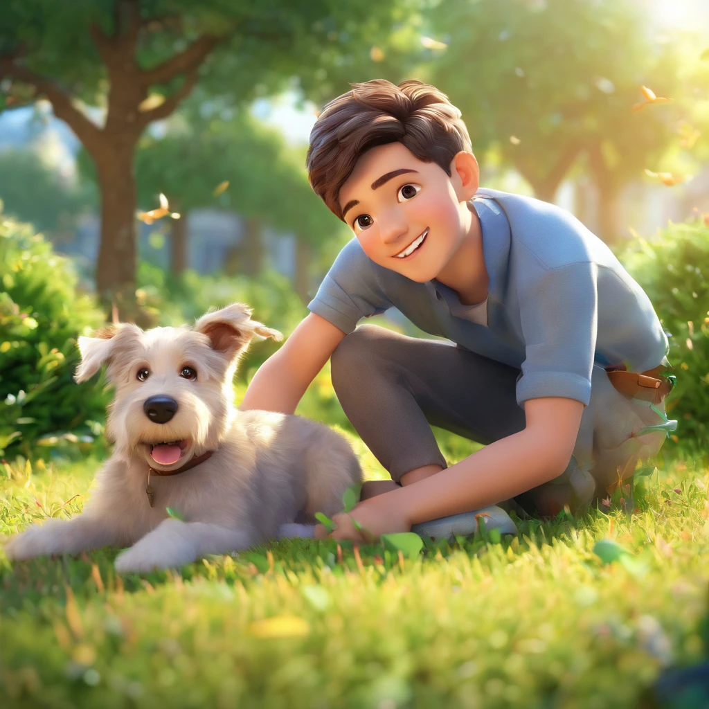 lucas,smiling,5-year-old boy,human,boy,with,his,faithful,friends,bolt,schnauzer dog,laying in,the garden,illustration,highres,ultra-detailed,realistic:1.37,vivid colors,nature,serene atmosphere,warm sunlight,green grass,beautiful flowers,gentle breeze,friendship,sunshine,details on the boy's face,sparkling eyes,cute nose,rosy lips,innocent expression,happiness,rays of light,happy life,harmony.