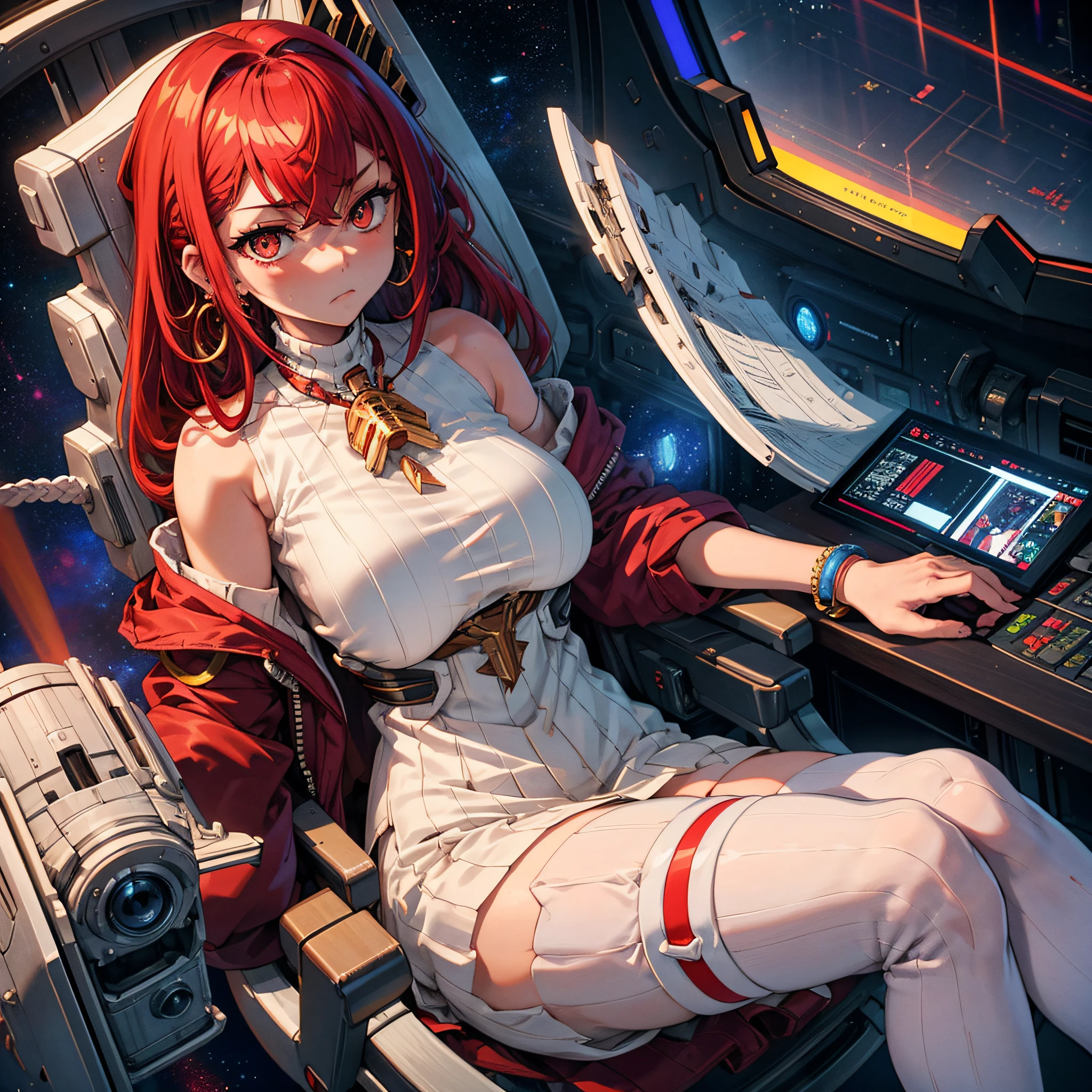 (best qualtiy,CG class,tmasterpiece)Future wind(one-girl,年轻,Thin figure,pelo rojo corto,red color eyes,Support your head with your hands,sit on chair,Dissatisfied expression,Sly eyes,Bring a bracelet,With earrings,Bring jewelry,high-necksweater,denim pant,white stockings,There is a loop around the neck,Tiger Tooth)(enviroment:Inside the bridge of a space battleship,Sit in the command chair)Three-dimensional background
