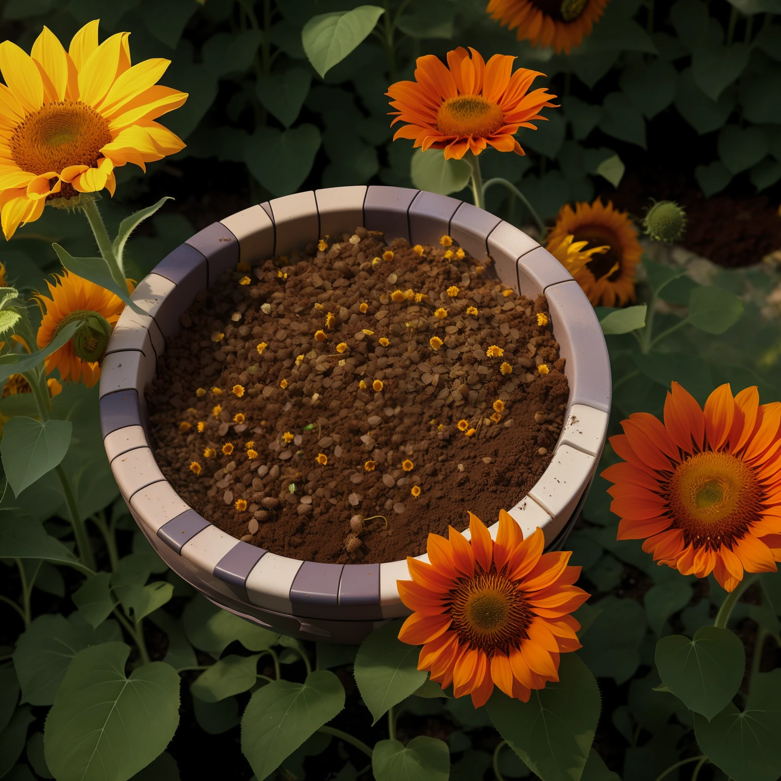 there are many bugs in a bowl of sunflowers in the garden, anna nikonova, alexey egorov, gardening, flowers around, seeds, 3 4 5 3 1, beautiful sunny day, photograph credit: ap, sergey krasovskiy, best selling, by Jan Kupecký, flowers in a flower bed, ground covered in maggots