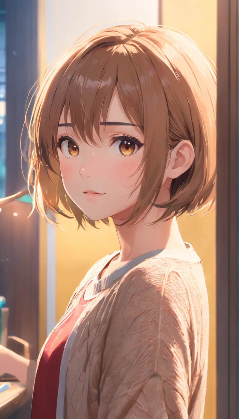 (tmasterpiece:1.3), (8K, Photorealsitic, RAW photography, Top image quality: 1.4), The woman's high birthday herself is clearly focused:1.2、Beautiful woman:1.4、Light brown hair、top-quality、tmasterpiece、超A high resolution、(Photorealsitic:1.4)、Highly meticulous、Loose and lightweight knitwear、shoulders out、Slender、short detailed hair