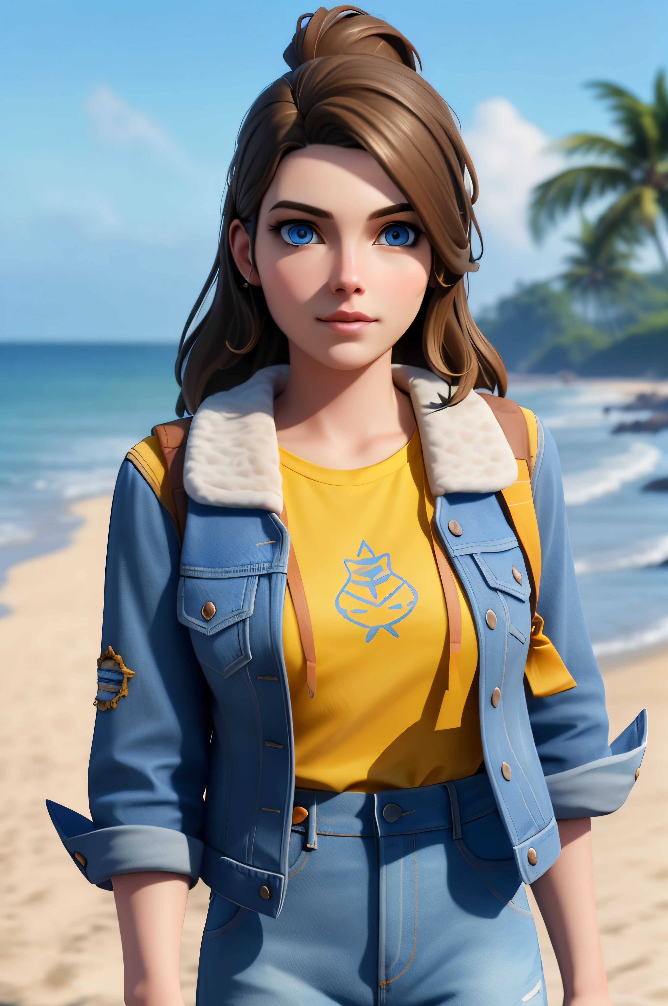 xyzskye, 1girl, beautiful, portrait, masterpiece, 3d render, octane render, blue eyes, denim jacket, fluffy collar, yellow shirt, brown hair, 3d model, beach waves hair