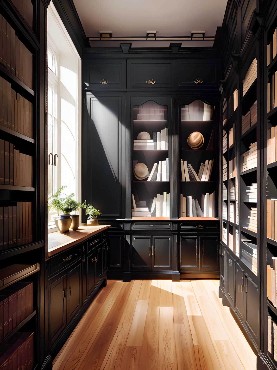 A view from a room with bookshelves and lots of books, show room scene, Dark showroom, black show room, Product display, cabinets, cabinet furniture, book shelf small library, wood cabinets, wood cabinets, wooden banks, Wood material, Shelves full of tomes, Exhibited, Book case, Wooden shell, fancy library, small library