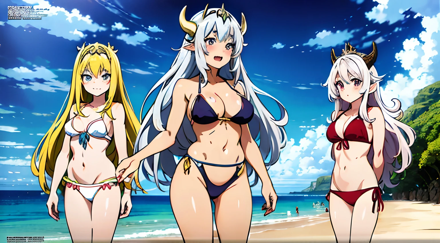 anime characters in bikinis standing on the beach, silver hair, anime monster girl, anime goddess, anime dragons, with horns, perfect face, with tailes, cute blushed face, ultra high, 16k