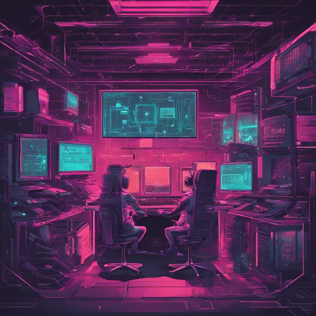 A dimly lit computer lab,There are a lot of monitors and a keyboard, cyber punk setting, Cyberpunk configuration, cyber led neon lighting, cyber space, cyberpunk with neon lighting, cyber neon lights, in a cyberpunk themed room, Indoor cyberpunk, gamer screen on metallic desk, cyber aesthetic, Cybernetic style, sci-fi computer, Cyber background, Network installation, console and computer,There are drones overhead,Cartoon character wearing VR glasses,Paper