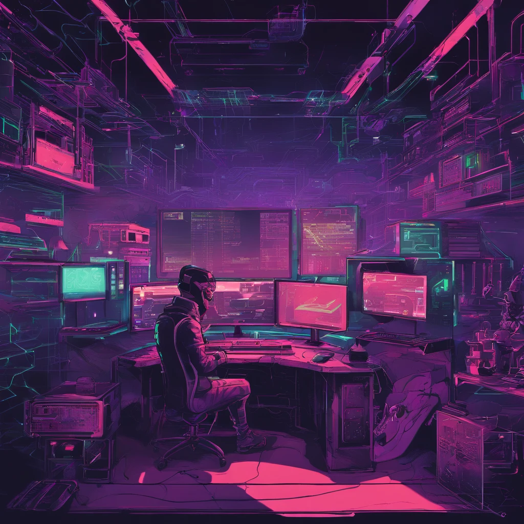 A dimly lit computer lab,There are a lot of monitors and a keyboard, cyber punk setting, Cyberpunk configuration, cyber led neon lighting, cyber space, cyberpunk with neon lighting, cyber neon lights, in a cyberpunk themed room, Indoor cyberpunk, gamer screen on metallic desk, cyber aesthetic, Cybernetic style, sci-fi computer, Cyber background, Network installation, console and computer,There are drones overhead,Cartoon character wearing VR glasses,Paper