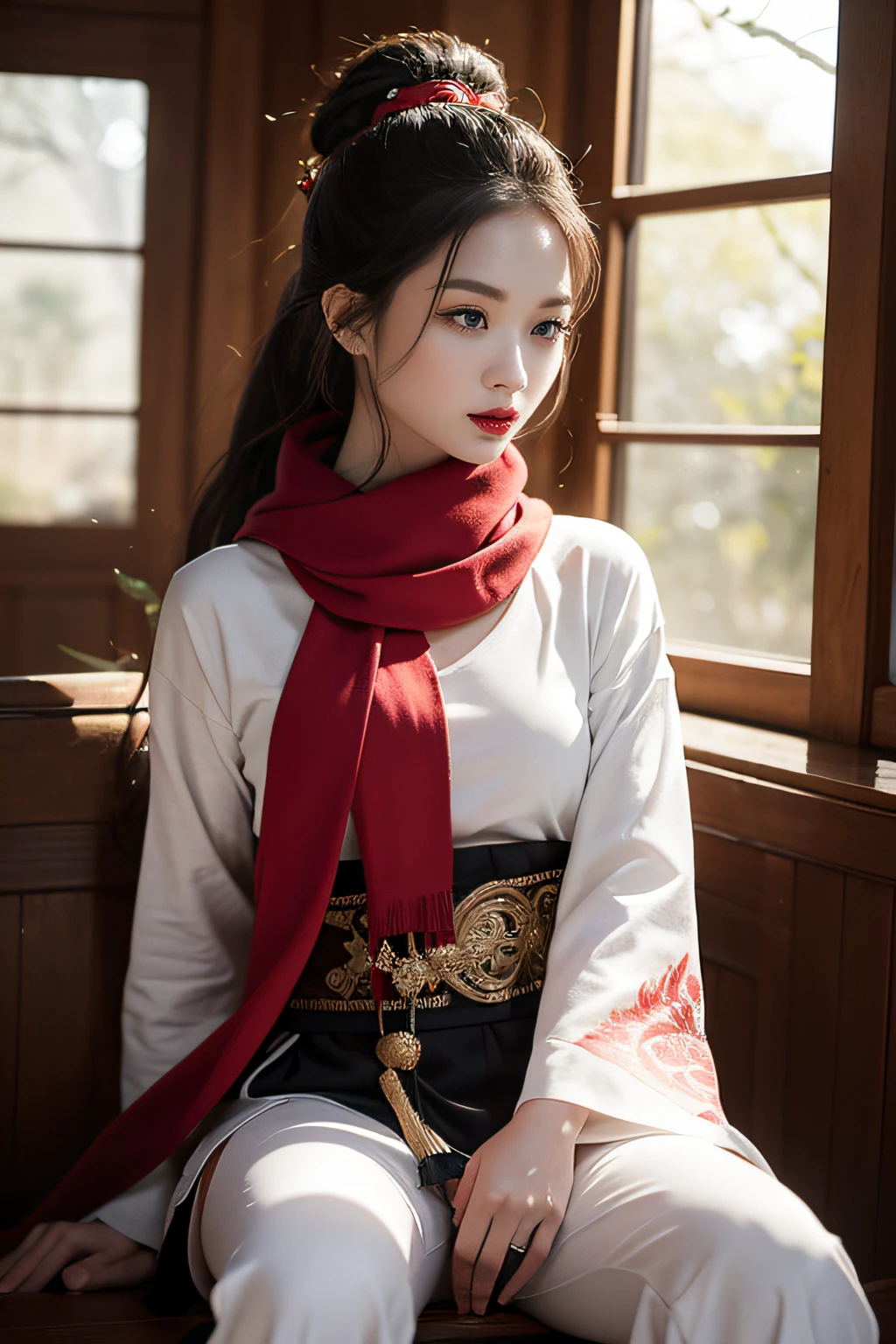 ((Very high quality picture, HD +8K)), ((Chinese style, long white hair tied in a ponytail, gorgeous brocade guard: 1.2, red scarf with the wind, young woman: 2.5, facial details: 1.5, fire: 1:1, ice: 1:1)), expression painting, delicate and beautiful woman with facial features, Stick the long sword on the ground and sit on the throne of bones that has escaped most of the shell, the sword is surrounded by human skeletons, and the black dragon flies behind, the creativity is dark.