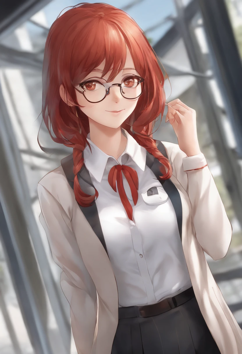 Anime girl with red hair and glasses in a white shirt, pixiv, shin hanga, very detailed character, anime moe art style, render of april, sayori, made with anime painter studio, Stylized anime, anime stylized, anime styled, Smooth Anime CG Art, clean detailed anime style