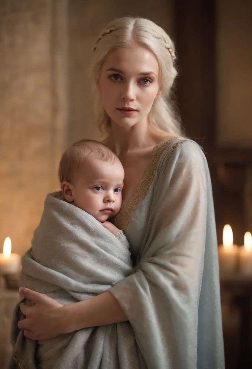 pale fair complexion, mulher em torno de 20 anos, cabelos loiros prateados naturais, olhos violetas, vestindo kohl, Beautiful, seios grandes, olhar inocente, holding a in your arms, baby leeping, Baby has silver blonde hair, Baby is wrapped in velvet blankets, Medieval setting by candlelight, Ultra sharp focus, tiro realista, roupas femininas medievais, tiro na parte superior do corpo