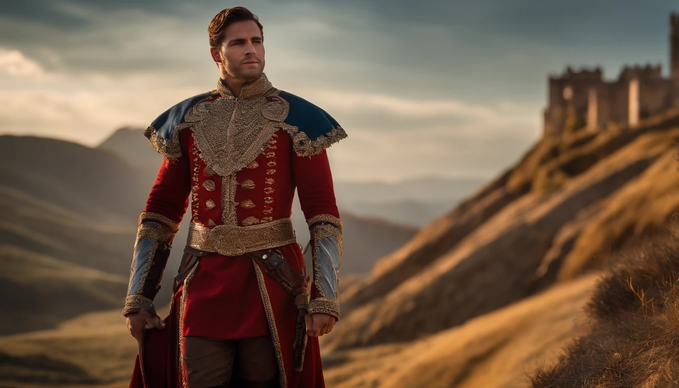 um homem vestido de guerreiro no alto de uma montanha