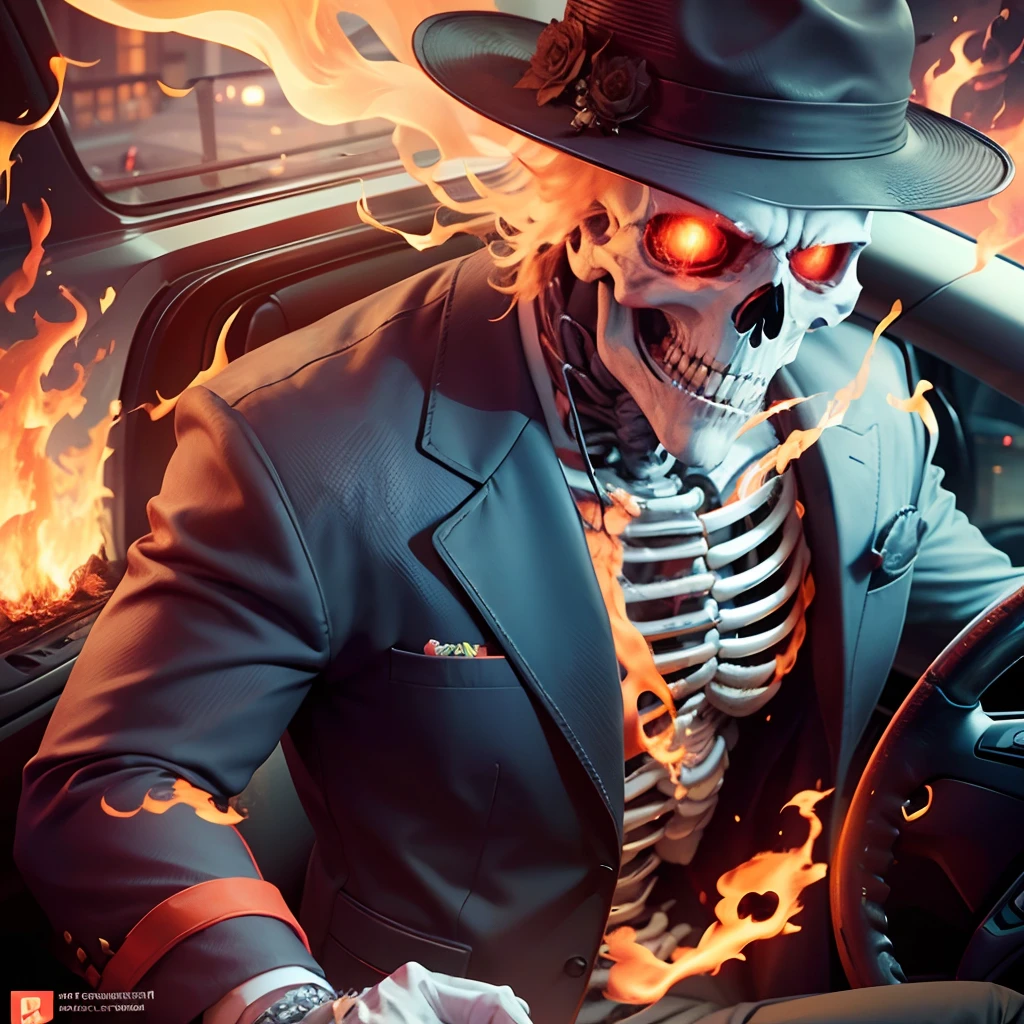a skeleton, with fire around him, in a car, hands on the driver seat, he’s wearing a suit, looks crazy, looks insane, fire everywhere, high quality, neon, high detail, 8k, hyper realistic --auto --s2