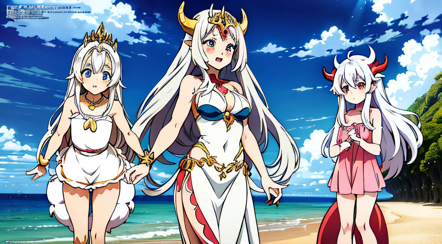 anime characters in long cute dress standing on the beach, silver hair, anime monster girl, anime goddess, anime dragons, with horns, perfect face, with tails, cute blushed face, ultra high, 16k