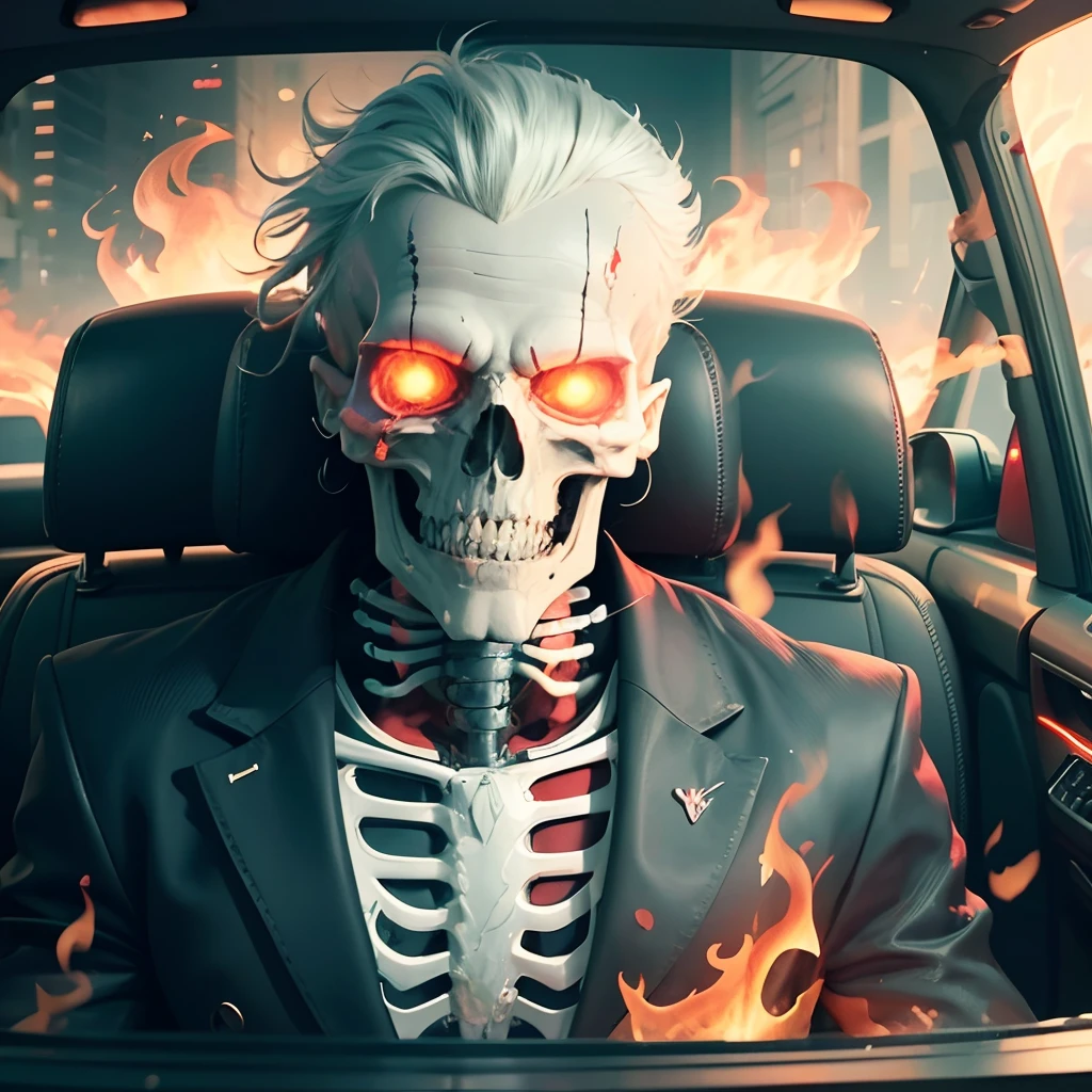 a skeleton, with fire around him, in a car, hands on the driver seat, he’s wearing a suit, looks crazy, looks insane, fire everywhere, high quality, neon, high detail, 8k, hyper realistic --auto --s2