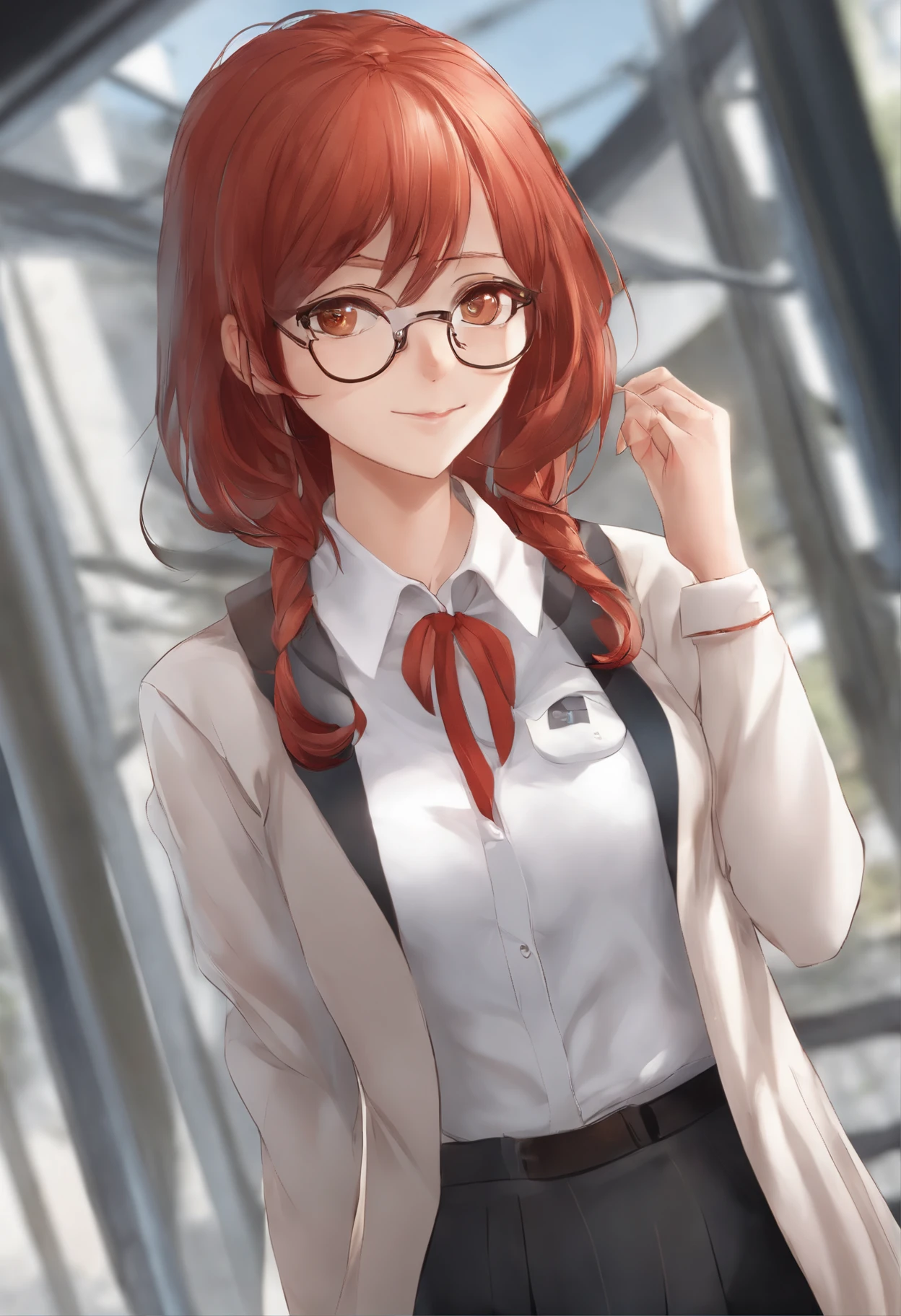 Anime girl with red hair and glasses in a white shirt, pixiv, shin hanga, very detailed character, anime moe art style, render of april, sayori, made with anime painter studio, Stylized anime, anime stylized, anime styled, Smooth Anime CG Art, clean detailed anime style