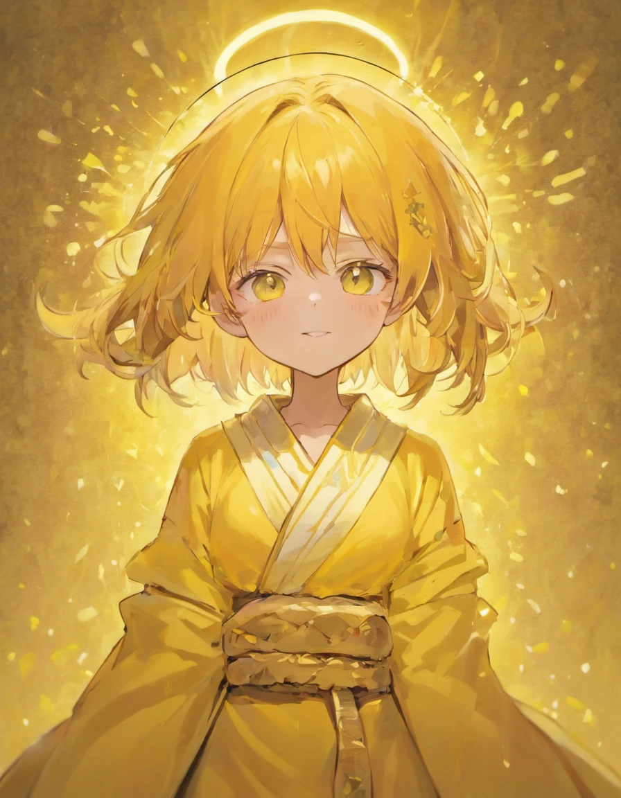 Libido boy，yellow backdrop，Wearing robes，Eyes closed，ssmile，succinct，whaite hair，short detailed hair