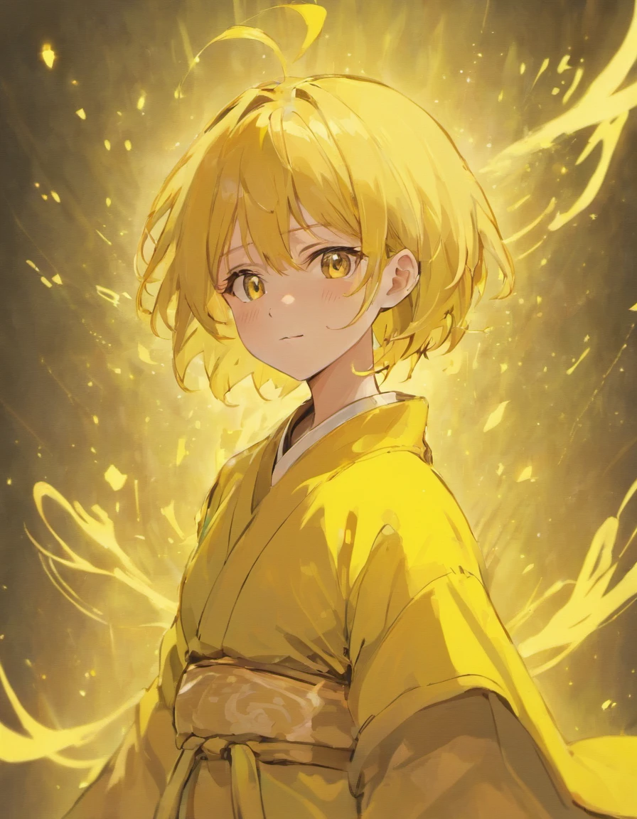 Libido boy，yellow backdrop，Wearing robes，Eyes closed，ssmile，succinct，whaite hair，short detailed hair