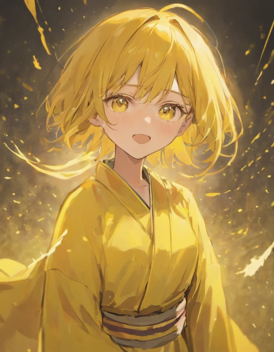 Libido boy,yellow backdrop,Wearing robes,Eyes closed,ssmile,succinct,whaite hair,short detailed hair