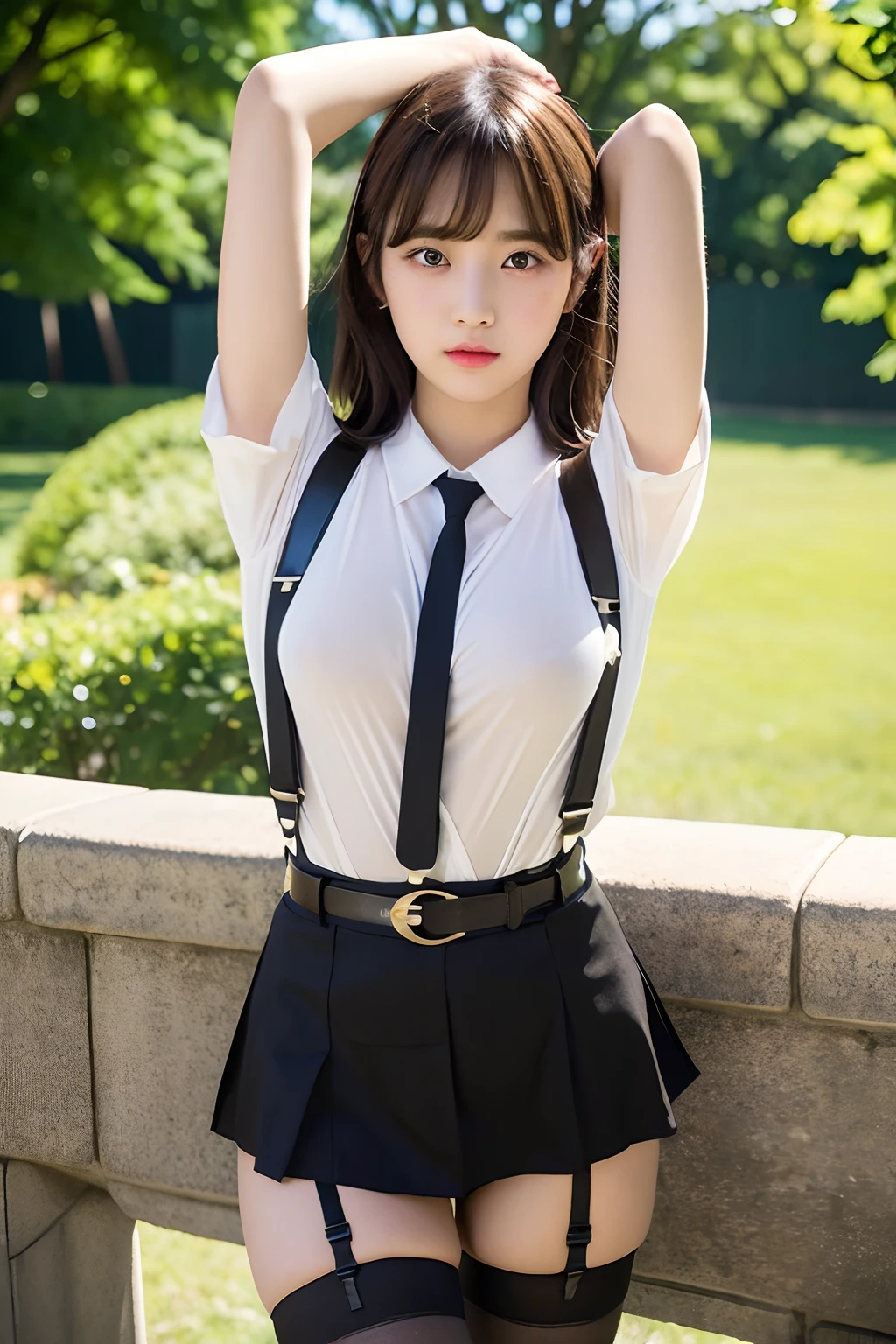masterpiece、flat-colors、depth of fields、lens flare 1 girl、、Brown hair、watching at viewers black suspenders bulging big breasts Armpit sweat perspiring Side of both hands walls: Black miniskirt Garter Belt Chain arma Gaze Small face Bangs Upper Eyes flank Colorcon The shirt holster a belt