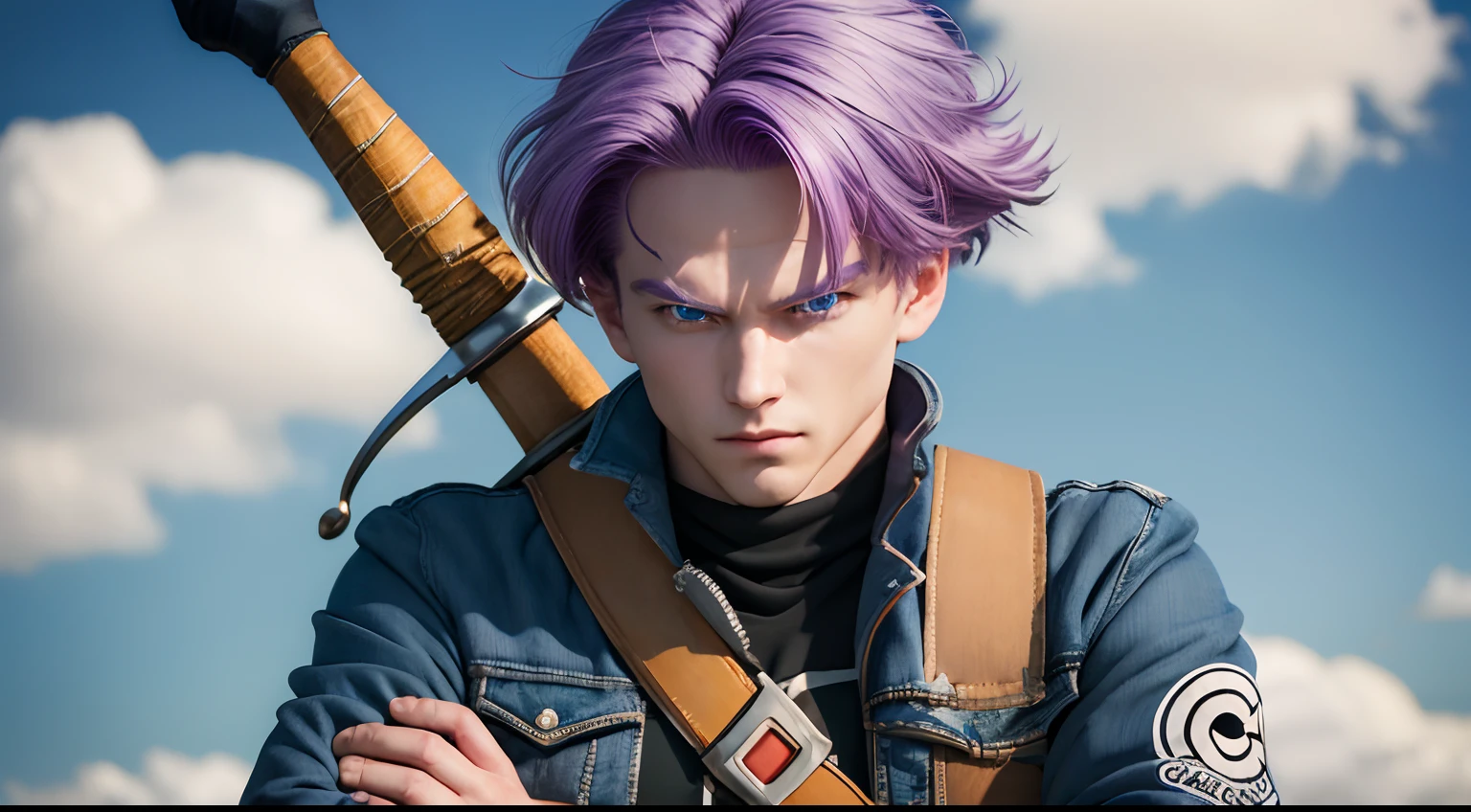 (masterpiece, best quality:1.2), cowboy shot, solo, male focus, 1boy, trunks \(dragon ball\), expressionless, closed mouth, looking at viewer, crossed arms, purple hair, blue eyes, jacket, shirt, pants, sword