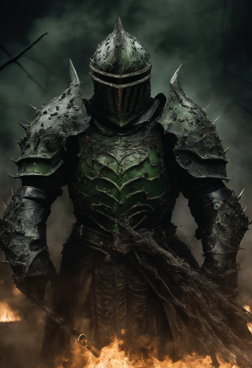 ((realistic: 1.5)),((best quality)), ((masterpiece)),((detailed)), medevil version of Spawn from Image comics, (((wearing full plate armour))), ((eyes glowing green)), ((Chains on fire in his hands)), armour has spikes, winner of the year's best photo, the world on fire, post-apocalyptic hellscape military photography, photo epic of the year, fire on the horizon, epic cinematic shot, pure form, intricate detail, 8k post-production, High resolution, super Detail, sharp focus, studio photos, intricate detail, Very detailed, By Greg Rutkowski