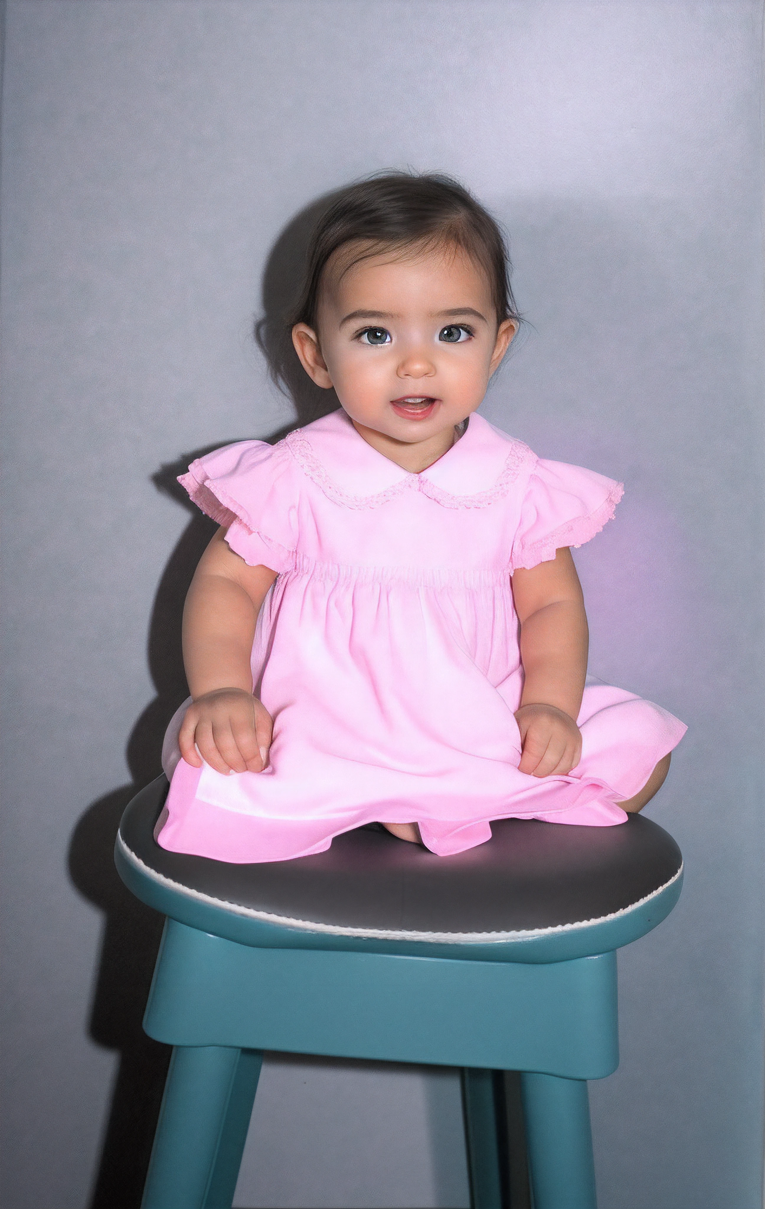  girl 6 years sitti a chair shows her little feet in clothes  