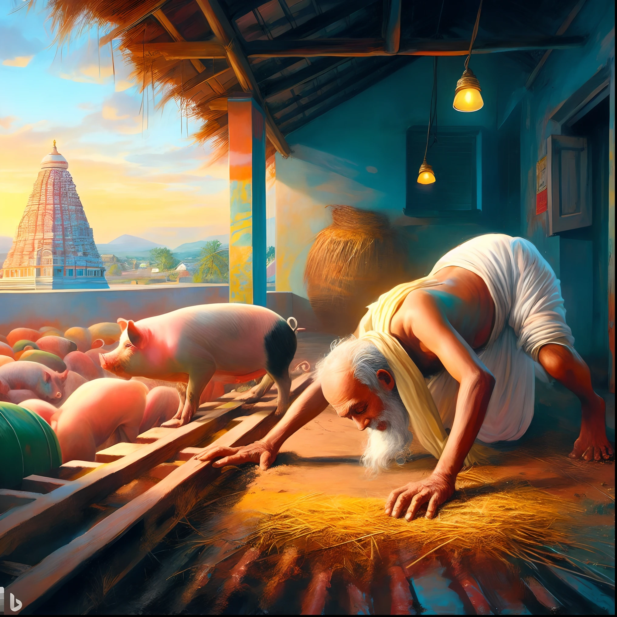 painting of a man and a woman bending over to pick up something, old asian village, kerala village, by Daryush Shokof, by Krzysztof Boguszewski, moonlit kerala village, in the early morning, beautiful depiction, tithi luadthong, breathtaking art, rob rey and kentarõ miura