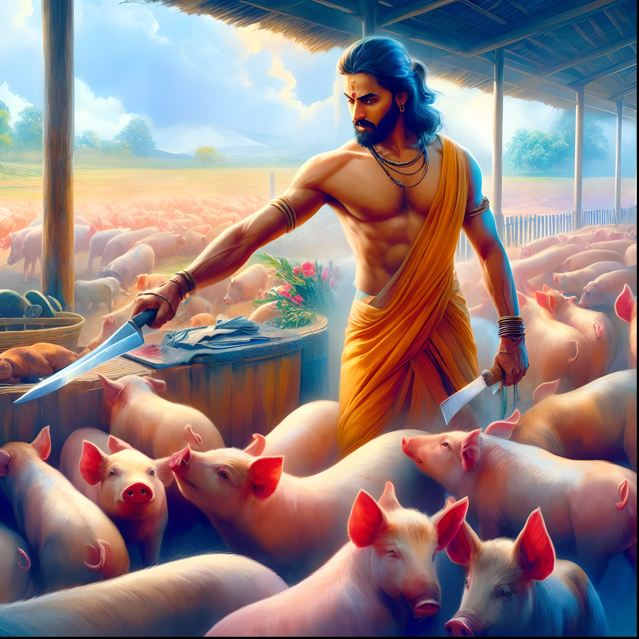 there is a man standing in a large group of pigs, by Daryush Shokof, anthropomorphic warrior piglet, from ramayan, inspired by Ram Chandra Shukla, hd wallpaper, inspired by Thota Vaikuntham, inspired by Raja Ravi Varma, by Juan O'Gorman, pigs, man bear pig, by Thota Vaikuntham