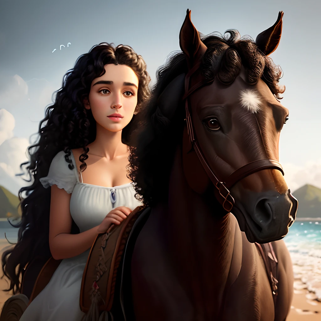 Generates a Disney Pixar type-like image of a faceless dark brown long curly curly girl with a dark brown horse with dark brown eyes and a white patch on the nose on the right