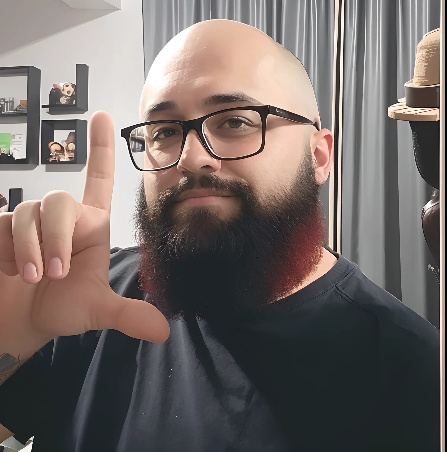 There is a man with a beard and glasses making a peace sign, barba avermelhada, barba vermelha escura, barba raspada, Atarracado, barba circular, sombra da barba, barba arrumada, com uma barba preta cheia, barba fractal, barba encerada, meio vermelho, barba cheia, barba, barba grossa altamente detalhada, closeup estilo gesto pesado, careca com barba curta