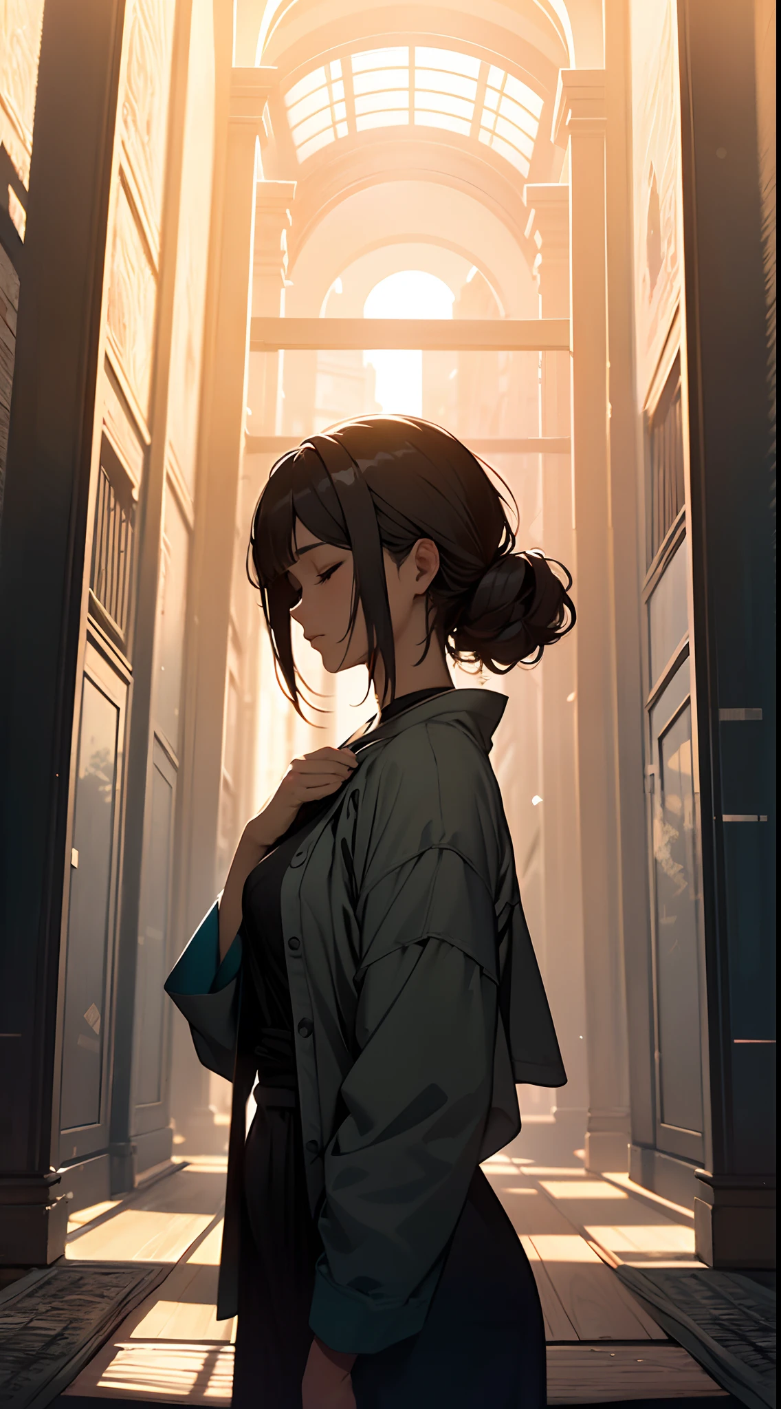 A meditative,Girl in a serene landscape,eye closed, peaceful environment, Calm atmosphere,Tranquility,Silence,soft sunlight,gentle wind,Blissful Heart,Inner peace,serenidade,Soothing colors,natural scenery,Floating feeling,Rest,harmony,Relaxation...(Best Quality,hight resolution,Ultra-detailed),Landscape painting,realistic artwork,Impressionistic style,Soft brush strokes,Subtle color blends,Vivid colors,A play of light and shadow,Ethereal,Spiritual Experiences...