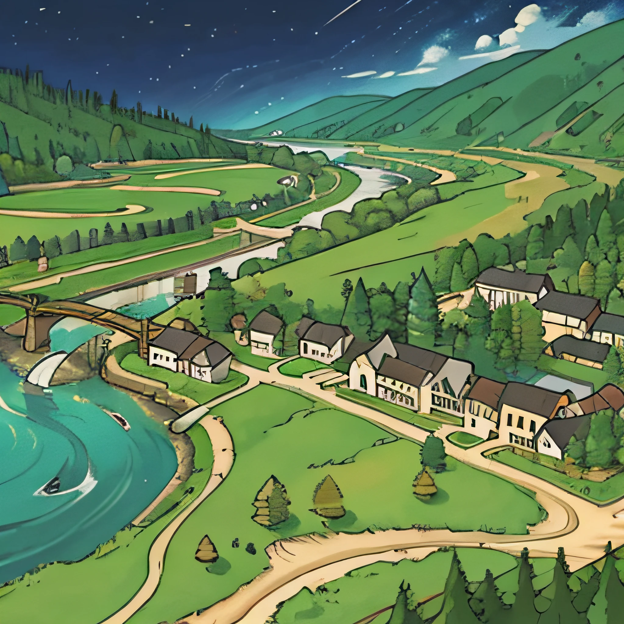 Large medieval town, taiga forest, river valley, overhead view
