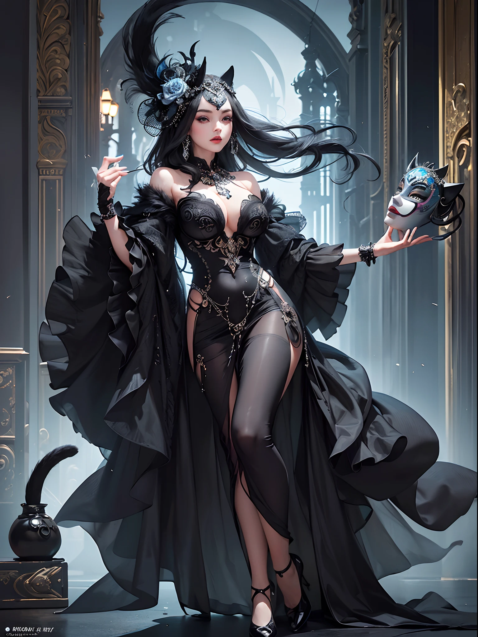 Black cat motif、Black and silver tones、Vibrant colors、((masterpiece)))、(((top-quality)))、((ultra-detailliert))、(A hyper-realistic)、(highly detailed CGillustration)、Official art、London in the 1920s、Decadent、Madame Cat Noir、Masquerade、Elegance、Masks that cover the eyes、Colorful and detailed mask design、matchless beauty、Fans、Female Solo、gorgeous dress、jewely、Perfect Angle、Dynamic Poses、→ direction、perfect-composition、Perfect anatomy comprehension、full body Esbian