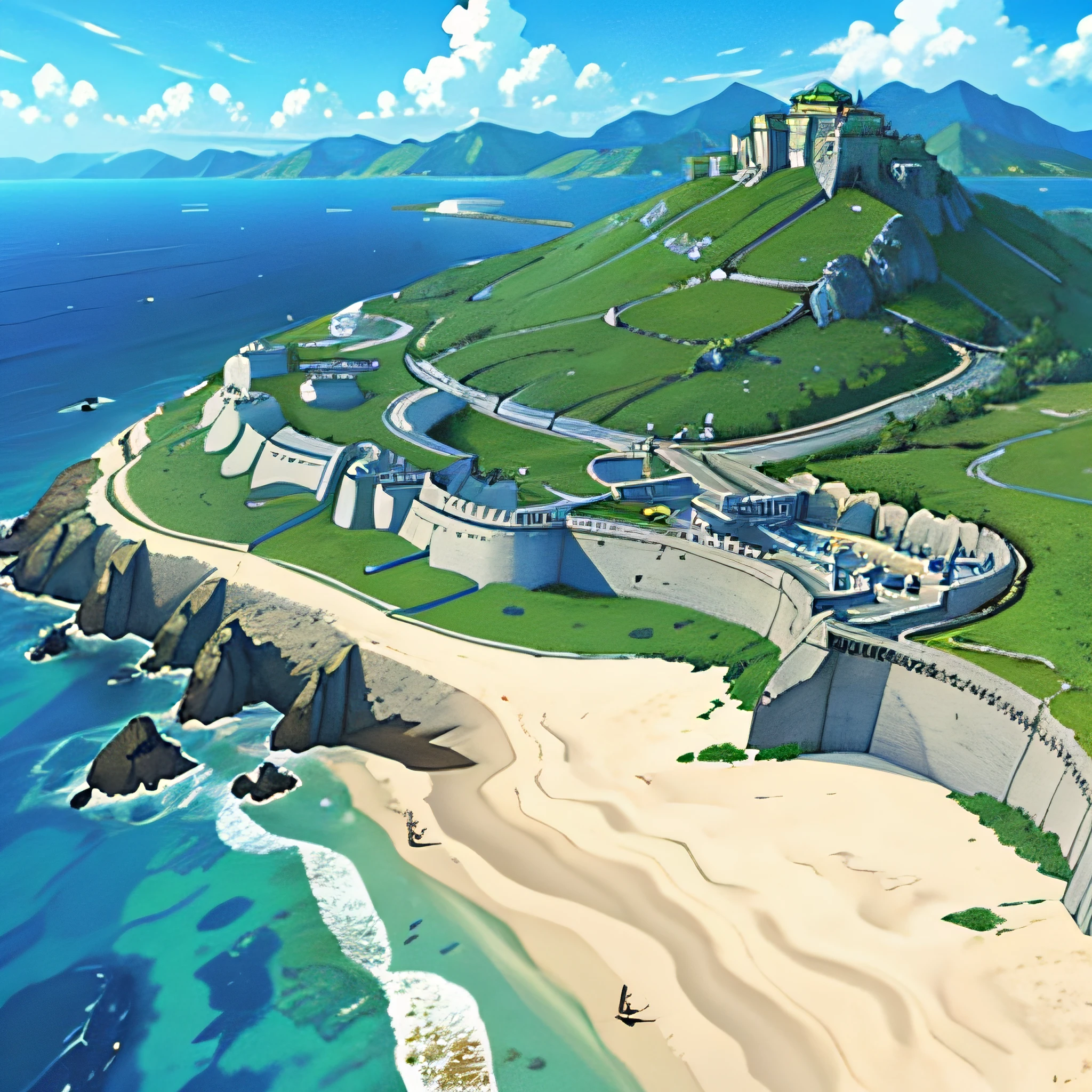 Massive coastal fortress, mountain background, overhead view