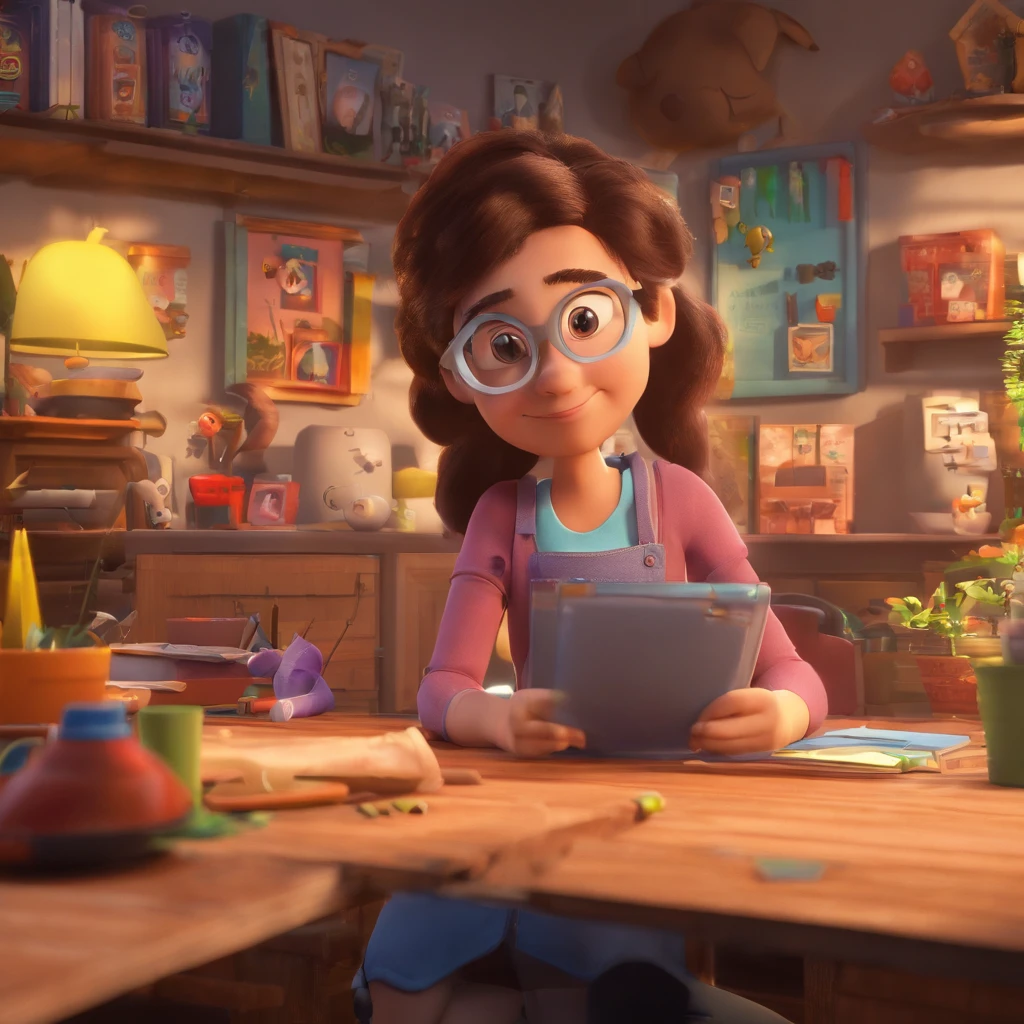 create a 3D movie poster inspired by Disney Pixar. The scene should be in Pixar's signature digital art style, with a cartoonish image reminiscent of an artisan with, Light black hair up to shoulder mixed-race with slanted eyes inside her workplace.