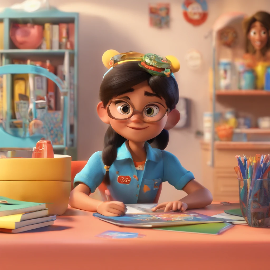 create a 3D movie poster inspired by Disney Pixar. The scene should be in Pixar's signature digital art style, with a cartoonish image reminiscent of an artisan with, Light black hair up to shoulder mixed-race with slanted eyes inside her workplace.