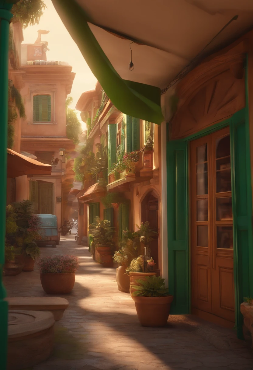 Desenho em estilo 3D da Pixar de uma sorveteria com o nome Las'Paletas Brasil, com cores verde, marrom e creme no centro da cidade.