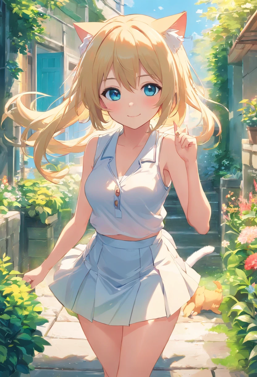 Cat-eared girl in white dress standing in garden, BREAK,Blonde long hair,blue eyes,(((Sleeveless))), smiling mischievously, cleavage of the huge breast,(((Pull up your skirt to show your panties))),loli in dress, small curvy loli, (Chibi:1.3), artwork in the style of guweiz, guweiz on pixiv artstation, guweiz on artstation pixiv, guweiz, small li girl, soft anime illustration, Anime visuals of cute girls, Detailed Digital Anime Art